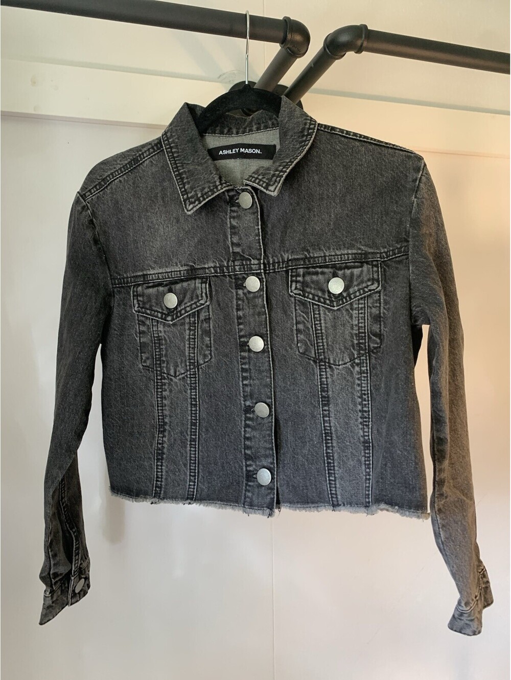 Ashley Mason Denim Jacket Xs Cotton Black Stonewash Fringe Distressed bottom